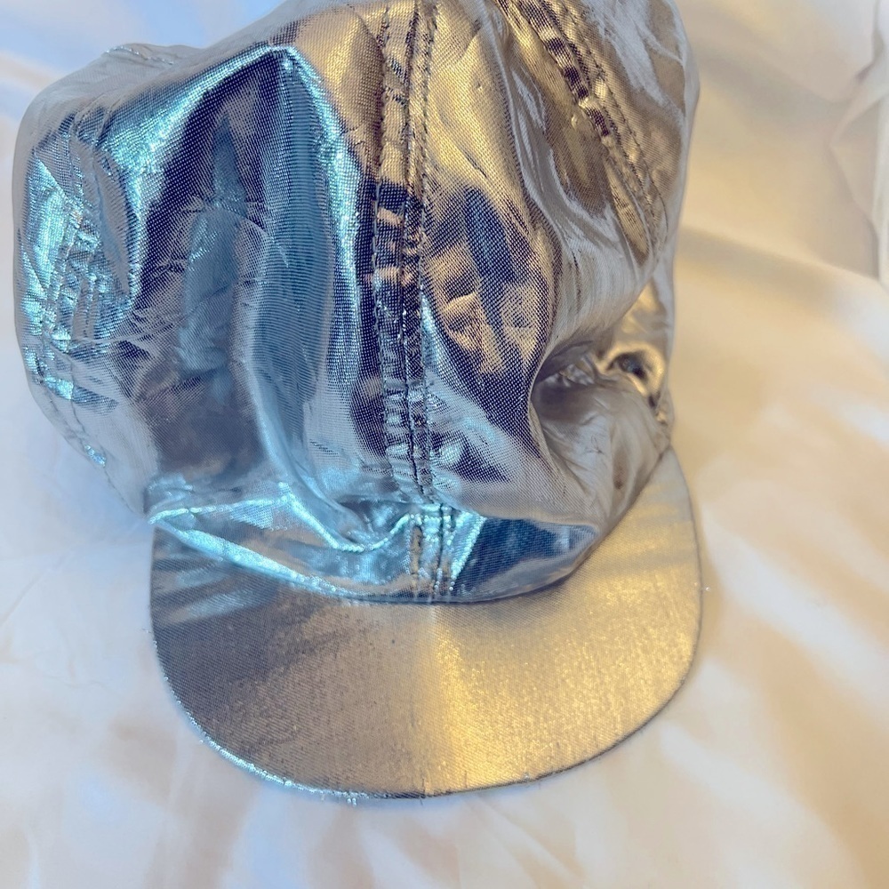 Silver disco adult hat cap. 22 inches around, unlined , top covered button